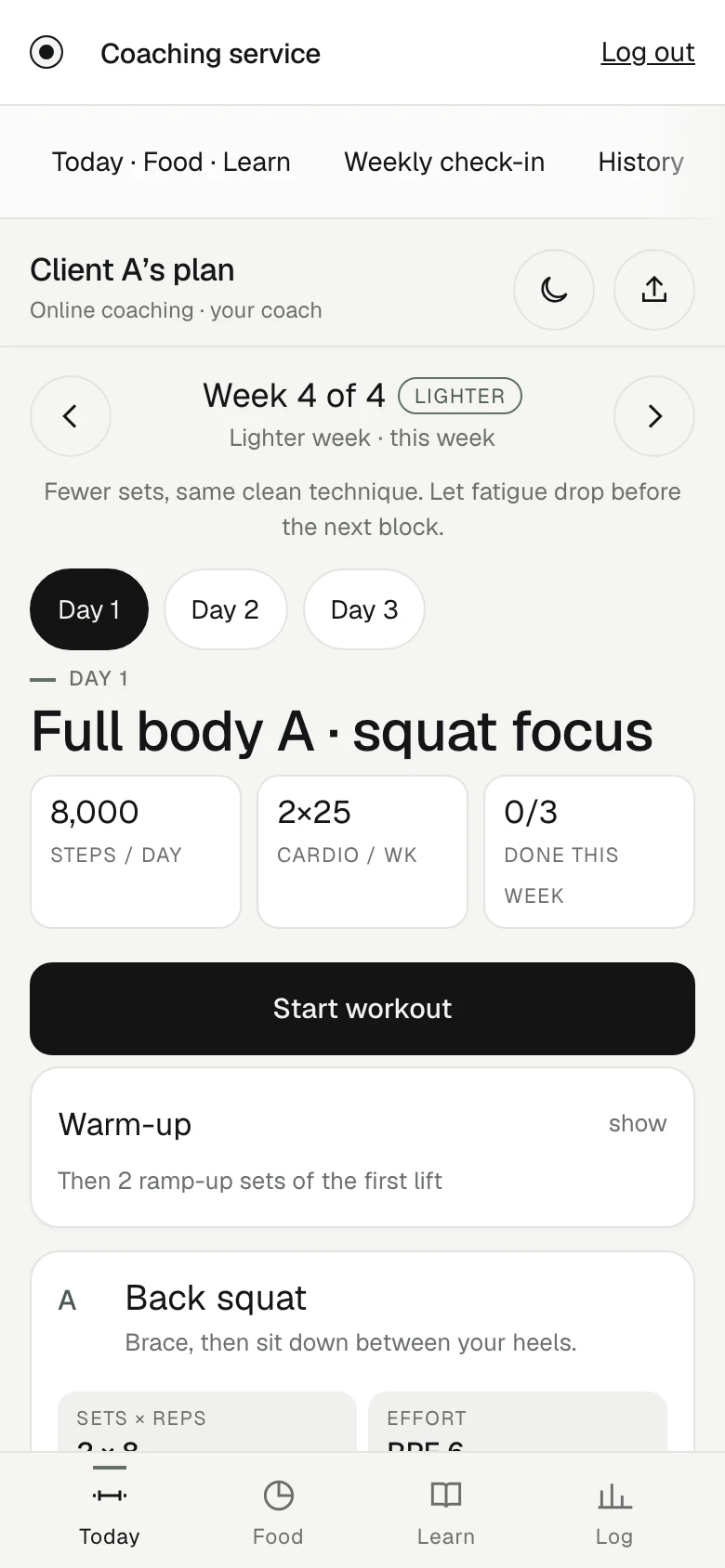Client app: today's plan