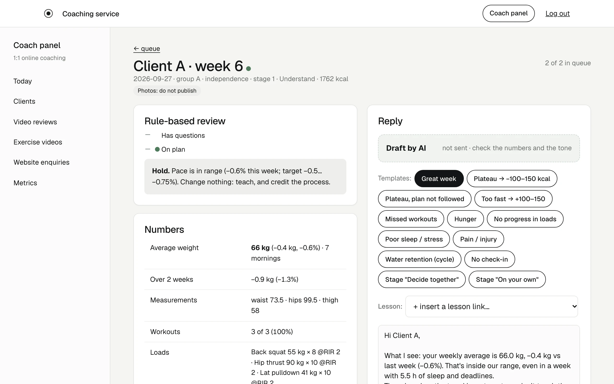 Coach panel: a weekly check-in with a rule-based review and a drafted reply